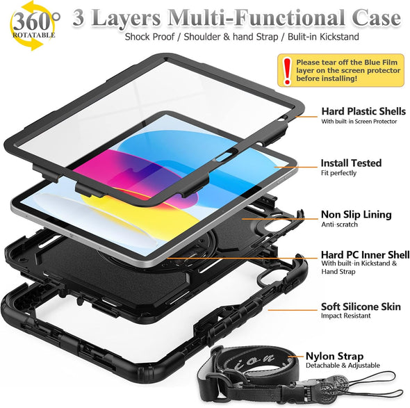 SEYMAC Stock Case for Ipad (A16) 11Th/10Th Generation 11''/10.9'' 2025/2022, Full-Body Drop Protection Case with Screen Protector &360° Rotate Hand Strap/Stand, Black