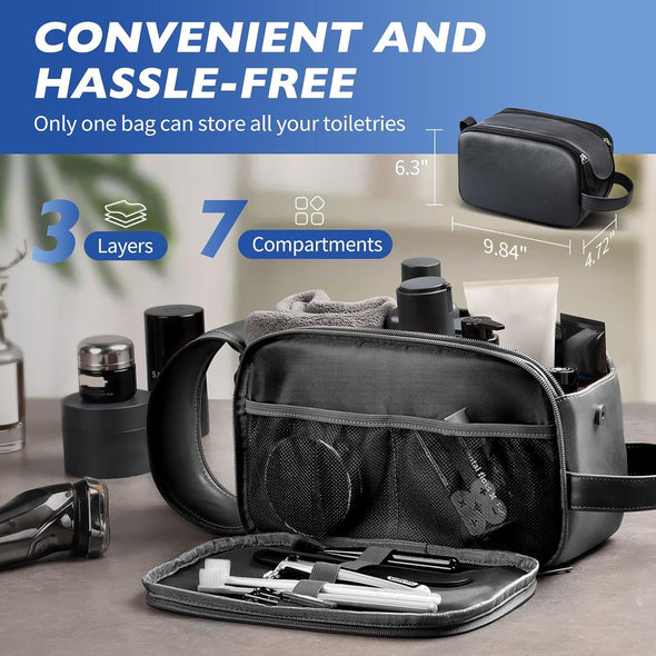 HOTOR Travel Toiletry Bag - Water Resistant Travel Essentials for Women and Men, Compact Leather Toiletries Organizer with Handle, Versatile Cruise Ship Essentials, Black, Medium