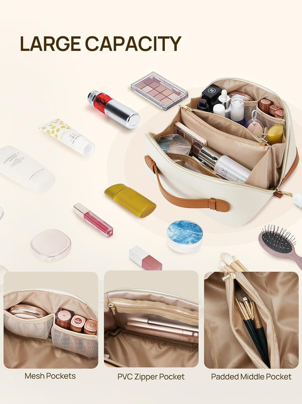 Telena Makeup Bag Large Capacity Travel Cosmetic Bag Portable PU Leather Water Resistant Makeup Organizer Bags for Women with Handle and Divider Open Flat Beige with Brown