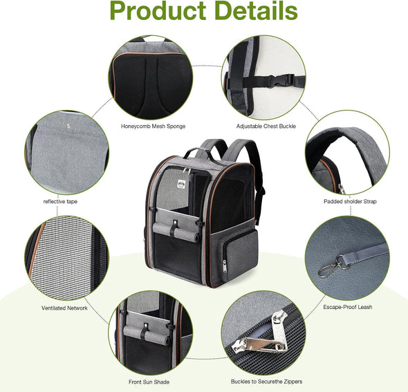 Lekebobor Large Cat Backpack Carrier Expandable Pet Carrier Backpack for Small Dogs Medium Cats Fit up to 18 Lbs, Dog Backpack Carrier, Foldable Puppy Backpack Carrier for Travel, Hiking,Grey