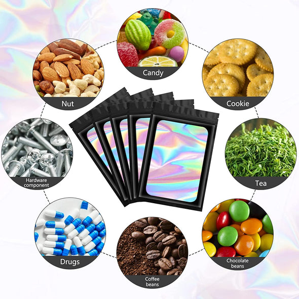 Funfery 100 Pcs Black Mylar Holographic Bags Packaging Bags,Clear Resealable Bag Foil Pouch Bag for Food Storage and Lipgloss,Jewelry,Eyelash Packaging for Small Business(2.4X3.9Inch)