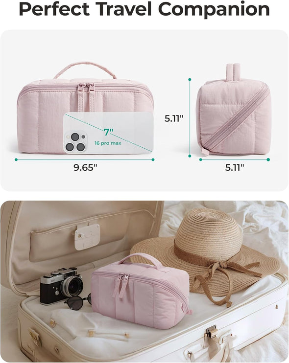 BAGSMART Travel Makeup Bag for Women, Portable Water-Resistant Cosmetic Case, Puffy Padded Make up Organizer Pouch, Open Flat Toiletry Bag for 