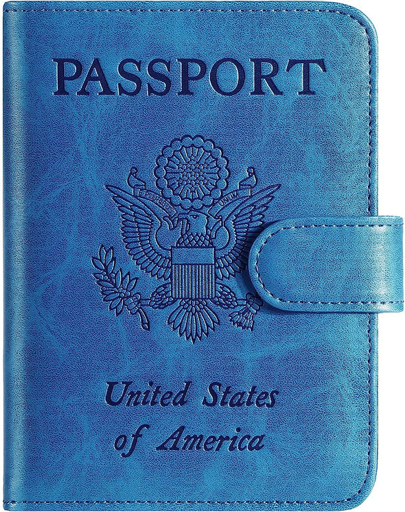 Passport Holder Cover Wallet RFID Blocking Leather Card Case Travel Accessories for Women Men (Blue)