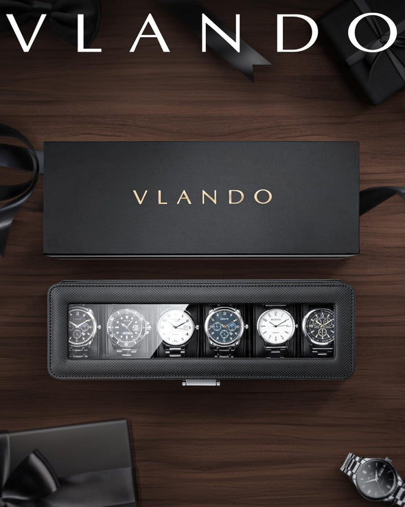 Vlando Watch Case for Men, 6-Slot Watch Box with Glass Lid, Lockable, Business Textured Leather, Soft Pillow, Gift for Fathers, Husband, Friend - Black