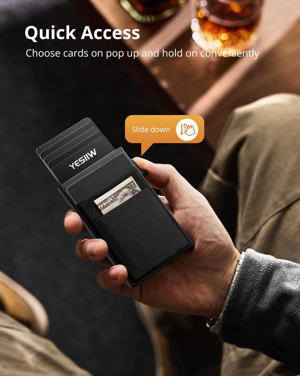 YESIIW Ultra-Slim Wallet for Men - Pop up Card Holder Mens Wallet with RFID Protection Minimalist Metal Wallets Billeteras De Hombres Gifts for Men Dad Husband Boyfriend Black