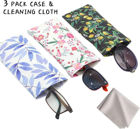 WOW DING 3 PACK Sunglasses Case, Eyeglasses Pouch for Women, Portable Leather Soft Glasses Cases with Cleaning Cloth