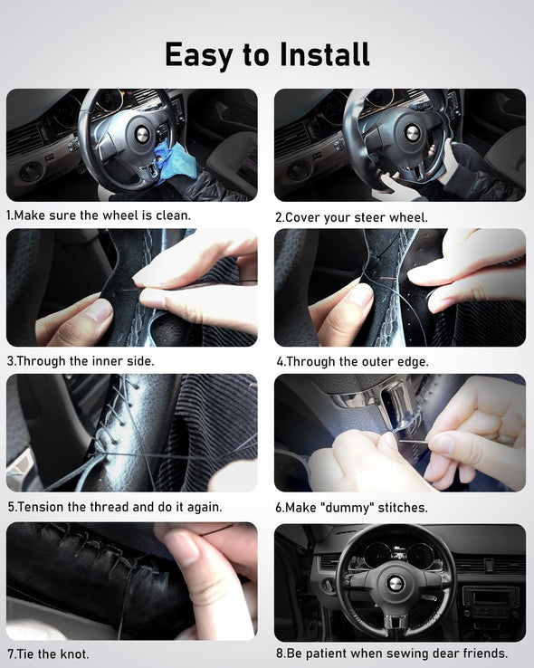 Belinous Leather Steering Wheel Cover Lace Up, Stitch on Wrap, Universal Fit 13-20 Inch Car Truck SUV Pickup Boat, a Whole Piece of Cowhide, DIY Stitch W/Needle Thread (Size M4, Black)