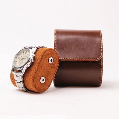 Watch Roll Travel Leather Case - Brown Single Watch Gift Box with Pillow for Men, Storage Organizer & Solid Dividers for Home Storage,Anniversary Birthday