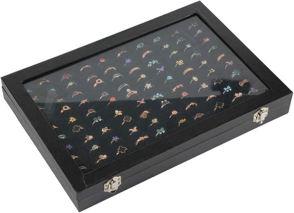 Ring Display Case Organizer Box with Transparent Lid, 100 Slots Ring Storage Display Box Case Tray Holder PU Leather Black