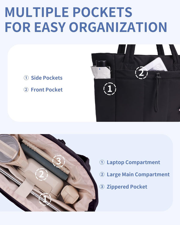 Wandering Nature Puffer Tote Bag with Cup Holder & Laptop Compartment & Trolley Sleeve for Travel, Work, Nurse, Women