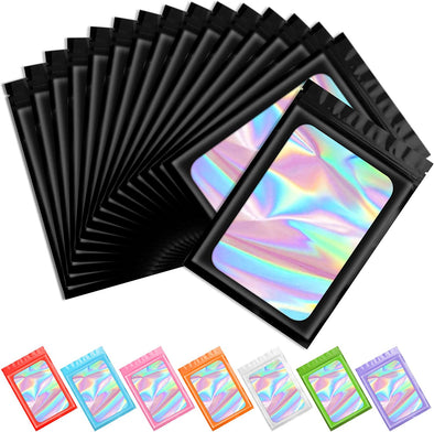 Funfery 100 Pcs Black Mylar Holographic Bags Packaging Bags,Clear Resealable Bag Foil Pouch Bag for Food Storage and Lipgloss,Jewelry,Eyelash Packaging for Small Business(2.4X3.9Inch)