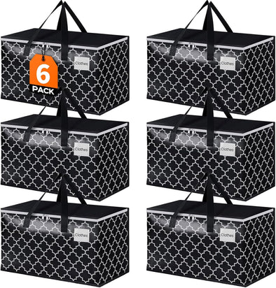 Homehacks Heavy Duty Moving Bags with Tag Pockets, Collapsible Storage Totes for Moving, Camping & Travel -Foldable Packing Boxes, Zipper Handles, Black（6 Packs, 88L）