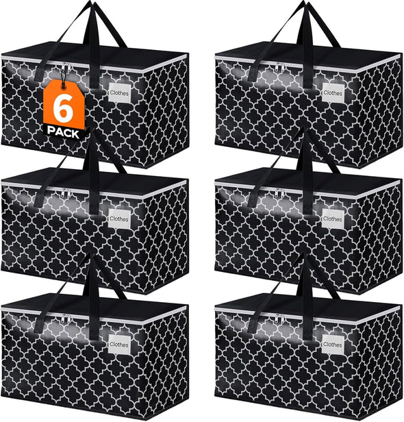 Homehacks Heavy Duty Moving Bags with Tag Pockets, Collapsible Storage Totes for Moving, Camping & Travel -Foldable Packing Boxes, Zipper Handles, Black（6 Packs, 88L）