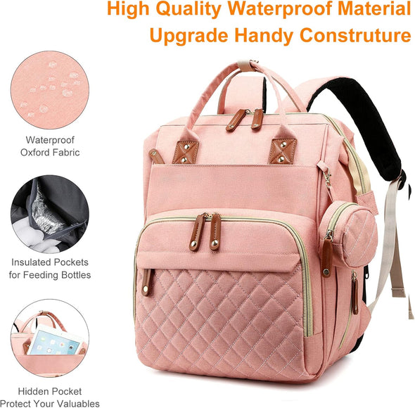 Diaper Bag with Changing Station, Waterproof 3 in 1 Baby Diaper Backpack with Foldable Changing Pad, Large Travel Back Pack for Baby Girl Boy, Peach Pink