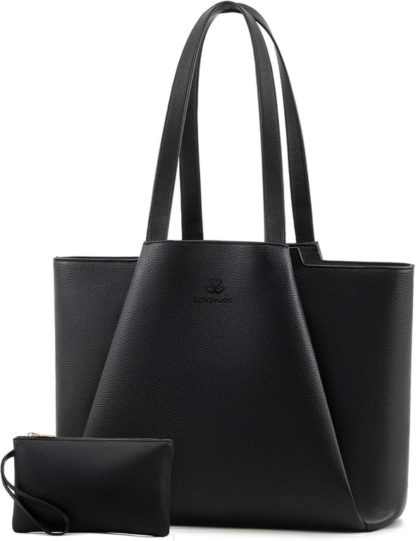 LOVEVOOK Laptop Tote for Women - 15.6 Inch Leather Laptop Bag with Clutch, Large Capacity Office Purse Computer Briefcase for Casual Business Travel, Black