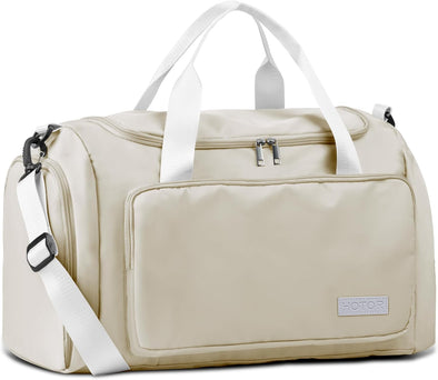 HOTOR Gym Bag for Men and Women - Travel Duffle Bag with Shoe Compartment and Waterproof Pocket, Carry on Luggage with Trolley Sleeve for Sports, Weekend Trips, Beige, 19.7" × 9.8" × 11.8"