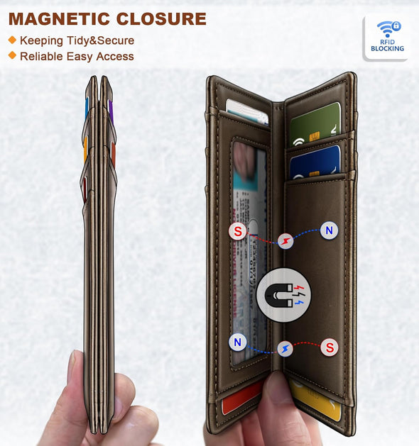 BULLIANT Slim Wallet for Men 12Cards,Easy Leather Wallet Card Holder Money Clip with Simplified Bill Folder&Magnetic Closure -RFID Blocking