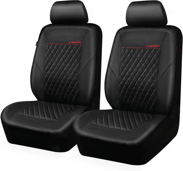 CAR PASS Quilting Leather Seat Cover Two Front Seats Only, Universal Fit Automotive Front Seat Covers Waterproof Deluxe PU Premium Vinyl Luxury for Cars Sedan Van SUV Airbag Compatible 2 Pieces,Black