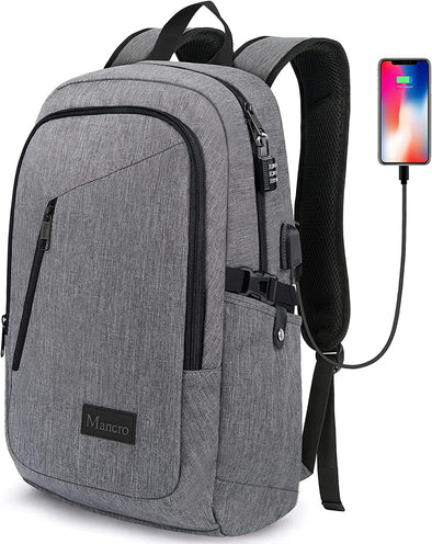 Mancro Laptop Backpack for Travel, Anti-Theft Laptop Backpack for Men Business Backpack Work Daypack with USB Charging Port & Lock, Water Resistant Travel Computer Bag Daypack, Grey