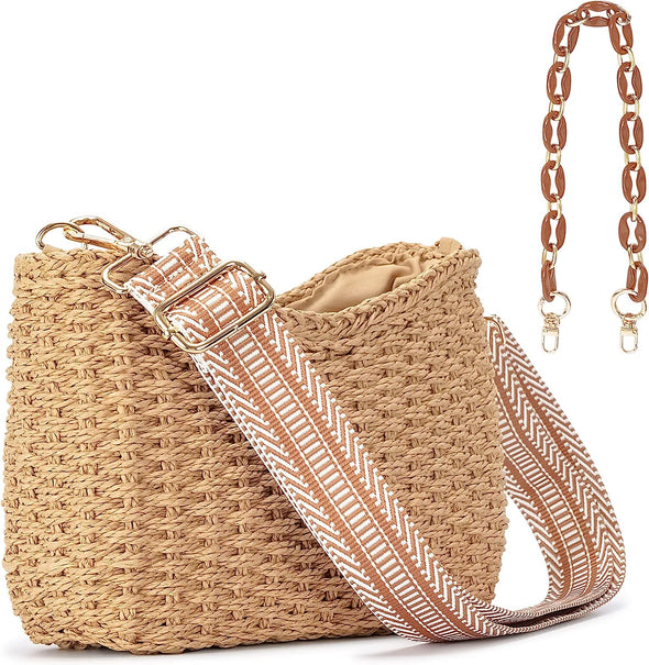 Herald Small Handmade Straw Pocketbook Crossbody Bag for Women, Summer Chic Woven Handbag Shoulder Purse with Chain