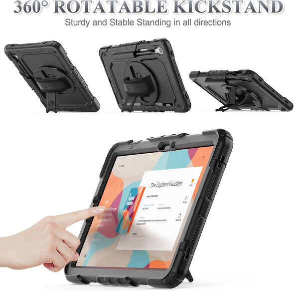 SEYMAC Stock Case for Samsung Galaxy Tab S10 FE / S9 / S9 FE 5G Tablet Case Protective with Screen Protector, Pencil Holder, 360 Rotate Stand, Hand Strap, Shoulder Strap, Black1