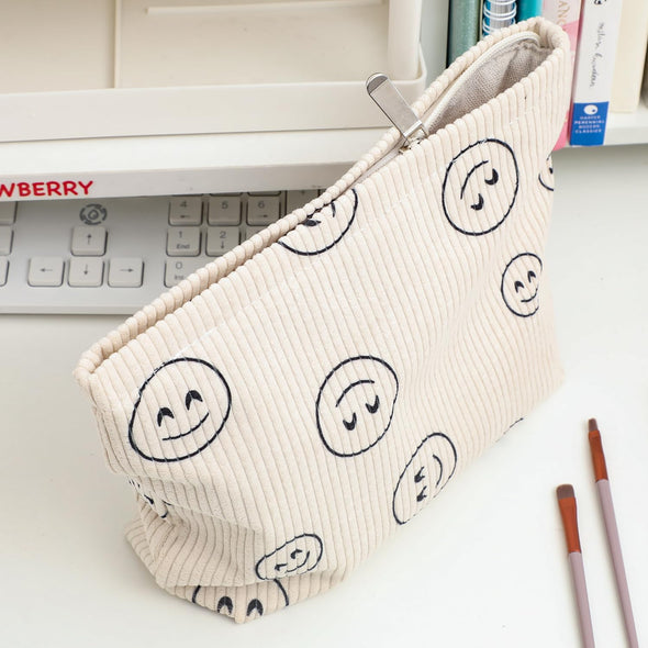 Cosmetic Bag Makeup Bag Preppy Cute Corduroy Toiletry Bag for Women Travel Essentials (Full Beige)