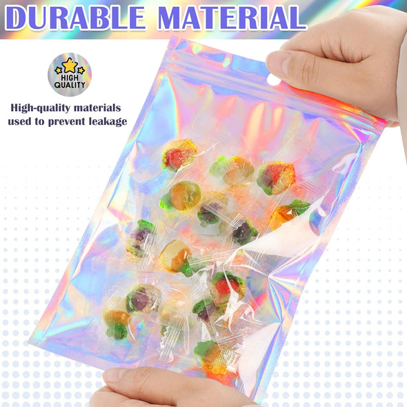 100 Pcs Mylar Bags, Smell Proof Bags with Clear Window, Resealable Holographic Bags for Snack, Cookie, Jewelry, Candy, Sealable Bag for Packaging, Mothers Day Gifts（2.4X3.9In）