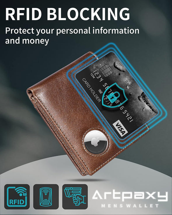 Mens Wallet with Airtag Holder, Bifold Leather RFID Blocking 1-2 ID Windows 12-13 Card Holders, Gift Box and Screen Protector Included, Airtag Not Included