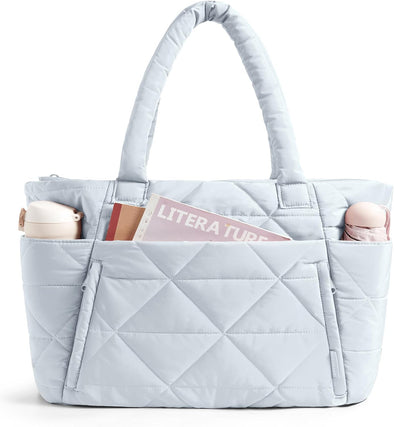 BAGSMART Tote Bag for Women, Puffy Tote Bag with Zipper, Large Quilted Shoulder Bag with Compartments for Travel, Work, Gym