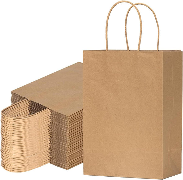 Vanhel 50 PCS Gift Bags with Handles,8 X 4.25 X 10.5 Inches,Gift Bag,Brown Paper Bags with Handles Bulk, Shopping,Party, Retail, Merchandise, Favor