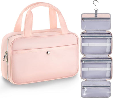Travel Hanging Toiletry Bag for Women - Waterproof Cosmetic Organizer with Clear Window, Lightweight Bathroom Bags for Essentials, Makeup, Shampoo, Toiletries (Pink, Medium)