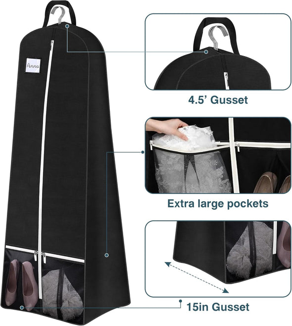 SLEEPING LAMB 72'' Bridal Wedding Gown Dress Garment Bag 15'' Gusseted Garment Cover Shoe Pockets Travel Garment Storage Bag for Prom, Evening Gowns, Black