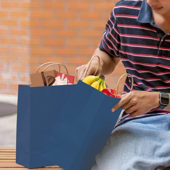 Bagmad 50 Pack 8X4.75X10 Inch Medium Blue Kraft Paper Bags with Handles Bulk, Gift Bags, Craft Grocery Shopping Retail Party Favors Wedding Business Sacks (Blue, 50Pcs)