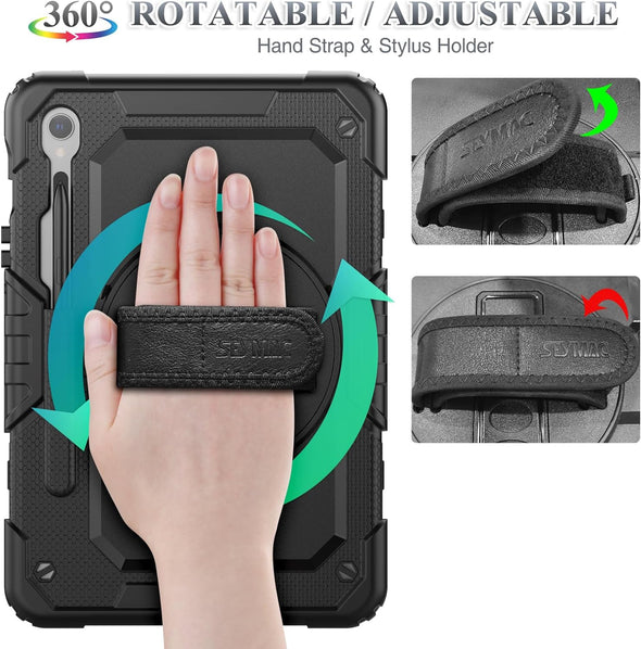 SEYMAC Stock Case for Samsung Galaxy Tab S10 FE / S9 / S9 FE 5G Tablet Case Protective with Screen Protector, Pencil Holder, 360 Rotate Stand, Hand Strap, Shoulder Strap, Black1