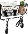OROPY Entryway Mail Holder with Key Hooks, 11.0" L×2.6" W×5.1" H, Wall Mounted Matte Black Metal Wire Mesh Storage Basket with 5 Hooks, Easy to Organize Letters, Magazines, Keys, Leashes for Entryway