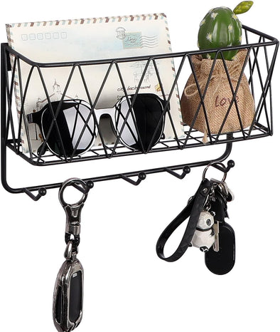 OROPY Entryway Mail Holder with Key Hooks, 11.0" L×2.6" W×5.1" H, Wall Mounted Matte Black Metal Wire Mesh Storage Basket with 5 Hooks, Easy to Organize Letters, Magazines, Keys, Leashes for Entryway