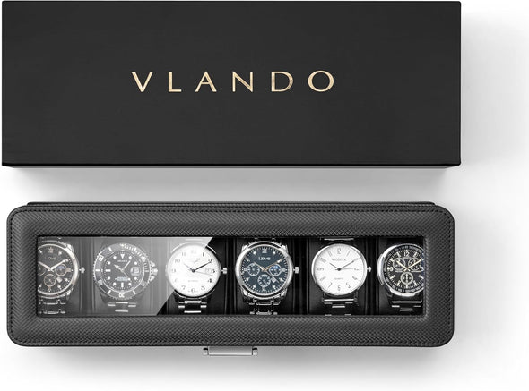 Vlando Watch Case for Men, 6-Slot Watch Box with Glass Lid, Lockable, Business Textured Leather, Soft Pillow, Gift for Fathers, Husband, Friend - Black