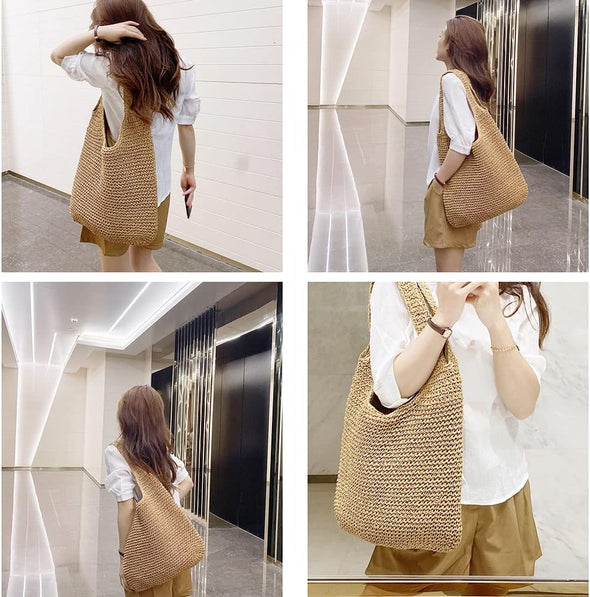 Hand-Woven Soft Large Straw Shoulder Bag Boho Straw Handle Tote Retro Summer Beach Bag Rattan Handbag