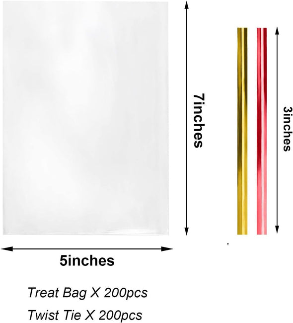 Cello Cellophane Treat Bags,5X7 Inches Clear Cellophane Bags 200 Pcs OPP Plastic Treat Bags with 200 Twist Ties for Gift Wrapping,Packaging Candies,Dessert,Bakery, Cookies, Chocolate,Party Favor