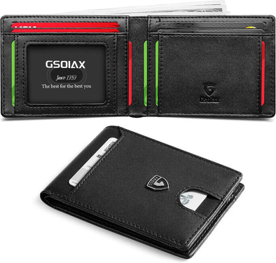 GSOIAX Mens Slim Wallet RFID Blocking Bifold Wallets for Men Minimalist Genuine Leather Carbon Fiber Card Holder Money Clip Thin Mens with Gift Box (Black-1)