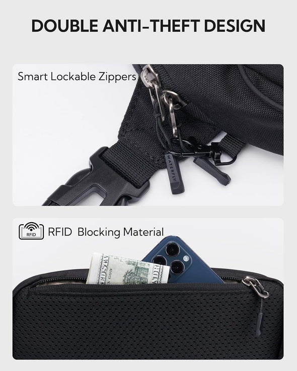 WATERFLY Lightweight Small Fanny Pack: 1.5L Mini Slim Crossbody Waist Belt Hip Bag with RFID Blocking, Anti-Theft & Water Resistant Pouch for Women Men Travel Hiking Running Walking EDC - Black