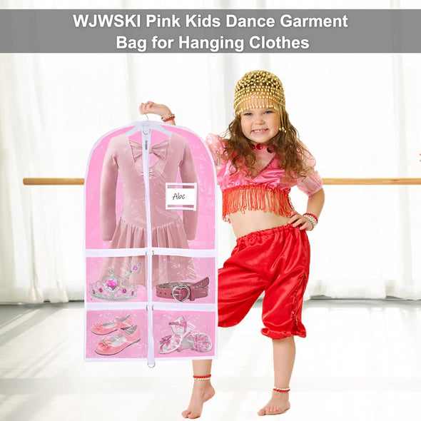 Pink Kids Dance Garment Bag for Hanging Clothes,37 Inch Waterproof PVC Travel Garment Bag with 3 Pockets for Dance Costumes,Sports,Skating,Theatre,Beauty Pageants & More
