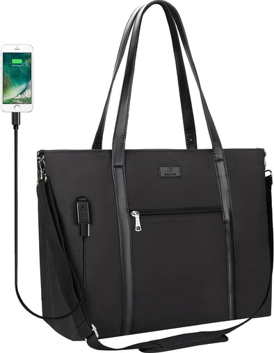 Laptop Tote Bag for Women 17 Inch, Large Teacher Tote Bag Office Work Bag Business Briefcase with Compartment and USB and Shoulder Straps Nylon Waterproof Computer Handbag Satchel