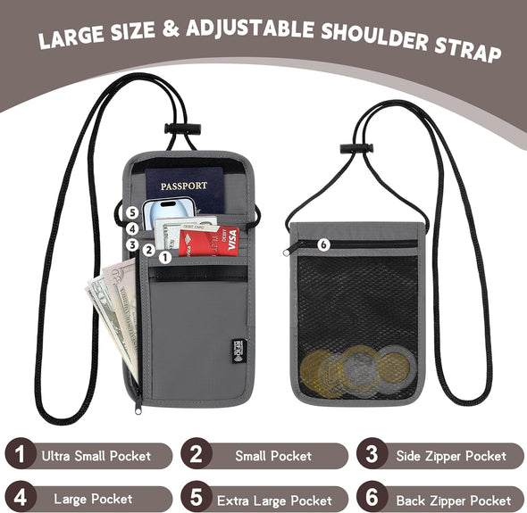 5.5" L X 7.9" W Travel Neck Wallet, RFID Blocking Passport Holder, Security Lightweight Passport Travel Wallet, Neck Pouch Gifts for Women Men(Grey)