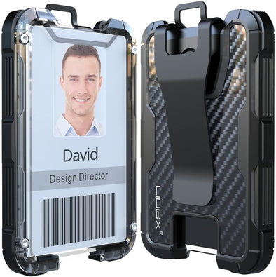 LIUGX Carbon Fiber Badge Holder, ID Card Holder with Metal Clip - Heavy Duty Portable Wallet (Holds 1 to 4 Cards),For Office Police Worker Outdoor,Black