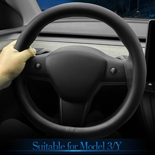 LKWLIKEI Nappa Leather Ultra-Thin Steering Wheel Cover, for Tesla Model 3/Y Steering Wheel Cover, Non-Slip Design and Interior Modification of Car Accessories (Black)