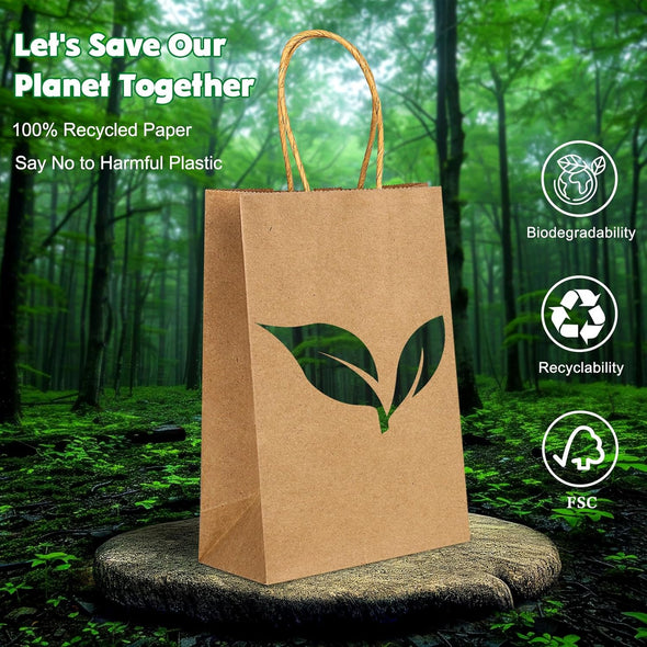 Small Brown Paper Bags with Handle Kraft Gift Bags 100 Pack, 5.25X3.25X8.25 Inch Small Gift Bag for Wedding, Christmas, Birthday Party Favors, Grocery, Craft, Retail Shopping, Goody, and Business