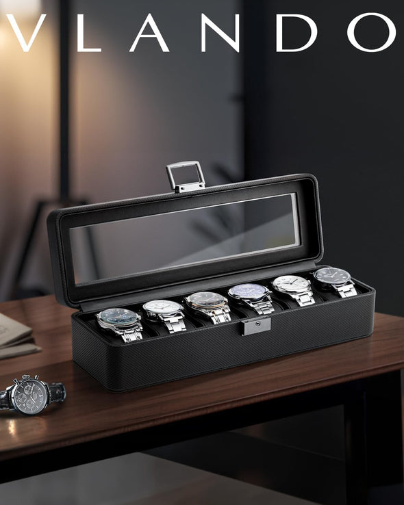 Vlando Watch Case for Men, 6-Slot Watch Box with Glass Lid, Lockable, Business Textured Leather, Soft Pillow, Gift for Fathers, Husband, Friend - Black