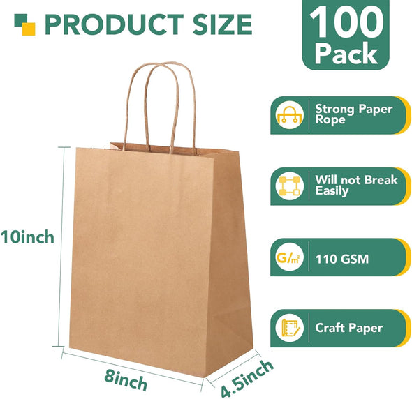 XPCARE 100Pack Brown Paper Bags 8X4.5X10 Inch, Plain Medium Paper Bags with Handles Bulk, Kraft Paper Gift Bag, Retail, Party, Shopping, Favor Bag