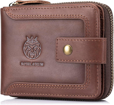 Genuine Leather Zipper Wallet for Men RFID Blocking Large Capacity Vintage Wallet with Coin Pocket ID Window, Coffee